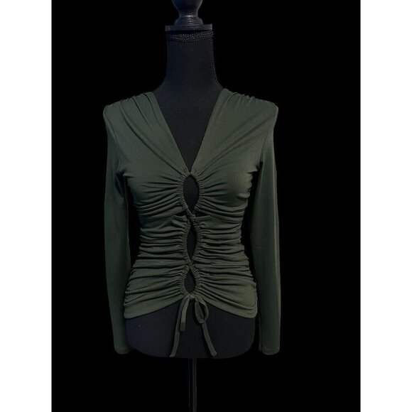 SUSANA MONACO Long Sleeve Ruched Top V-Neck Elastic Detail resort summer travel - Picture 2 of 10